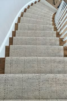 Beautiful all natural wool carpet style. Kaleen, Martinique in the color Silver. Neutral carpet with stripe and herringbone design. The Carpet Workroom of Boston Massachusetts. Stairs With Carpet, Staircase Carpet Runner, Stairway Carpet, Cottage Stairs, Pakistan Home, Foyer Stairs, Carpet Staircase, Carpet Store, Franklin Homes