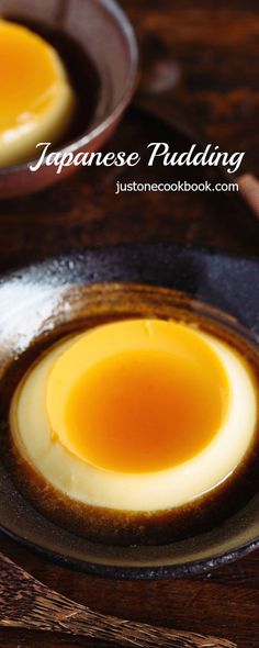 japanese pudding in a bowl on a wooden table with text overlay that reads, japanese pudding