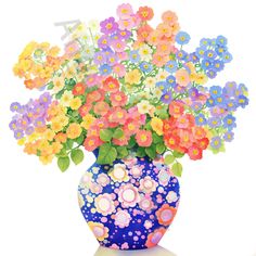 a blue vase filled with lots of colorful flowers