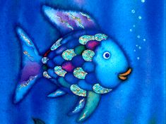 a painting of a blue fish with bubbles on it's head and tail, swimming in the water