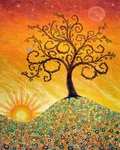 a painting of a tree on top of a hill with the sun in the background