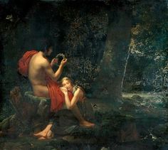 a painting of a man and woman sitting in the woods next to each other,