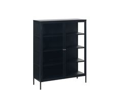 a black bookcase with three shelves on each side and one door open to the other