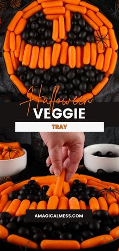 halloween veggie tray made out of carrots and blackberries with text overlay that reads, halloween veggie tray