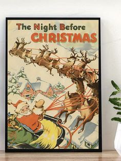 an old fashioned christmas poster with santa riding in his sleigh