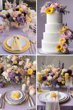 four different shots of a wedding cake and table setting with flowers on the top tier