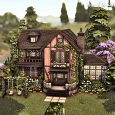 a house with lots of plants and flowers around it