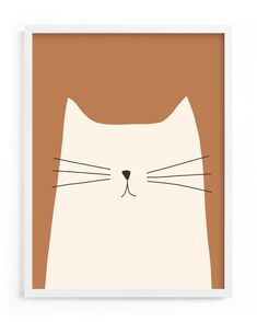 a cat's face is shown in a white frame on a brown background with the word