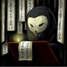 an owl sitting in front of a book with chinese writing on the wall behind it