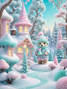 a painting of a teddy bear standing in front of a snow - covered forest with pink houses and trees