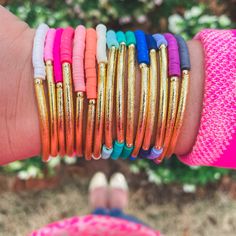 The Hailey Collection - Skinny Mini Bracelet Cheerful Cheap Colorful Beaded Bracelets, Pink Heishi Bracelet, Colorful Bracelet Stack, Heishi Bracelet Ideas, Polymer Clay Bracelet Bangles, Heishi Jewelry, Heishi Bracelets, Clay Bracelets, Western Crafts