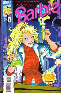 the cover to barbie magazine featuring a blonde woman holding a flask in her hand