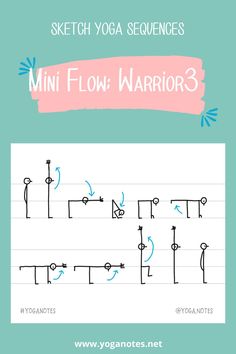 an exercise sheet with the words mini flow warriors written in blue, pink and green