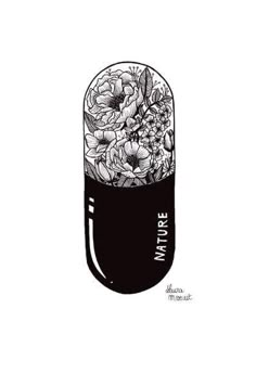 a black and white drawing of flowers in a jar with the words nature inside it