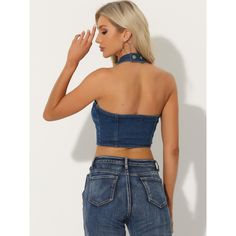 The denim top designed with sleeveless and cropped design, adds a touch of fashion to your wardrobe. The washed denim fabric and a button front design are a great highlight, full of a sense of detail and design. It can be worn on its own as a statement piece, paired with high-waisted jeans or a skirt for a trendy and casual look. Alternatively, it can be layered over a blouse or a t-shirt for a more layered and eclectic outfit. Eclectic Outfit, Eclectic Outfits, Halter Tank Top, Halter Tank, Crop Tank Top, Washed Denim, Womens Clothing Sizes, Cami Tanks, Front Design