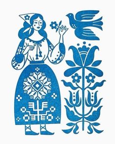 a blue and white drawing of a woman holding a bird next to a flower plant