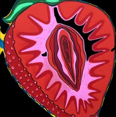 a drawing of a strawberry with red and green leaves on it's back side