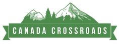 the logo for canada crossroads is shown in green and white, with mountains behind it