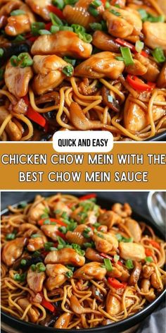 chicken chow mein with the best chow mein sauce is shown in three different pictures, and it