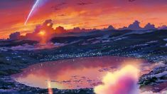 an anime scene with the sun setting over a lake and clouds in the sky above