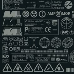 a black and white poster with various symbols