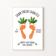 a white poster with two carrots and the words farm fresh carrots on it