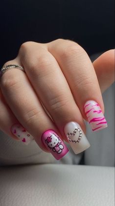 Hello Kitty Nail, Kitty Nail, Kids Nail Designs, Girly Acrylic Nails