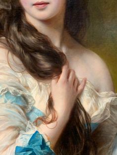 a painting of a woman with long hair wearing a white dress and blue ribbon around her neck