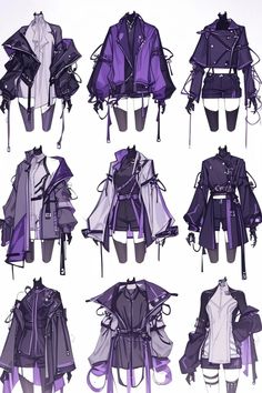 several different types of clothes are shown in purple and white