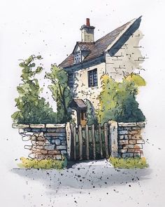 a watercolor painting of a house with a gate