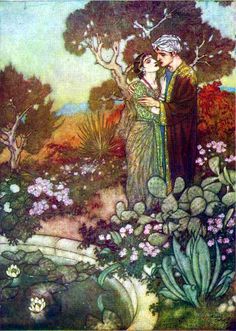 an image of a man and woman kissing in the woods with flowers around them, surrounded by rocks