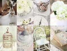 there are many different pictures of flowers in vases and birdcages on the table