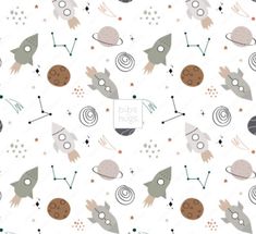 a white background with different types of space related items on it, including stars and planets