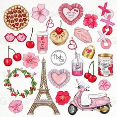 an illustration of the eiffel tower surrounded by pink flowers, cherries and other items