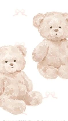 two teddy bears sitting next to each other on a white background with pink bows around their necks