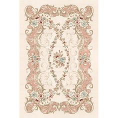 a rug with an ornate design on the front and back side, in pink tones