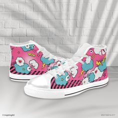 High Top Canvas Women's Shoes. Fashion sense has no limits!  These extremely comfortable high-top canvas shoes with a high quality print are made to last and to impress - a truly original way  to express oneself and inspire new fashion trends on the go. Pop art Streetwear shoes. Cool woman shoes. Pop art Fashion canvas shoes. Pink high-top comic shoes.  *  White/Black High Top Canvas shoes for women. *  27.16 Oz. Designed for fashion women, stylish and personalized. *  High quality rubber out-sole, tough enough to withstand daily wear and tear. *  Lace-up closure, full canvas upper, offers an adjustable fit and durability. *  Metal eyelets for a classic look. *  Soft inner lining and lightweight. *  Line painted midsole. * Please note that colors can sometimes be different depending upon y Idol Costume, Pink High Tops, Pop Art Fashion, Shoe Designs, Streetwear Shoes, Costume Inspo, Shoes Pink, Black High Tops, Woman Shoes