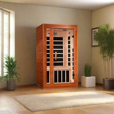 an indoor sauna is shown in the middle of a room with potted plants