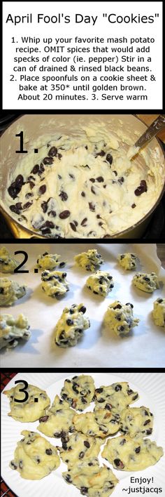 two pictures showing how to make chocolate chip cookie dough in one pan and then the same batch