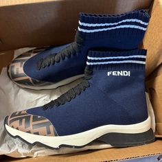 Used , Lots Of Life Left . No Box Or Bag Knit Jacquard, Fendi Shoes, Navy Blue Color, Womens Shoes Sneakers, Color Blue, Fendi, Shoes Sneakers, Navy Blue, Blue Color