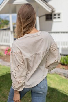 The Amelie Blouse is a truly treasure piece. With the dainty buttons down the front and the intricate eyelet design on the sleeves, the details will draw you in. The Amelie Blouse also comes in pure white. The sleeves are designed with elastic for extra stretch.  S: 26" length / 48" Bust M: 26” length / 50” Bust L: 26”