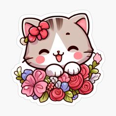 a cute cat with flowers on it's chest and tongue sticking out sticker