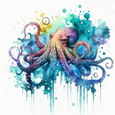 an octopus is painted in watercolor and has splots on it's face