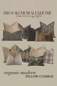 pillows with different patterns and colors are shown in this ad for the home design group