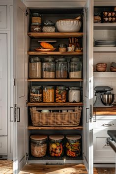 an open pantry filled with lots of food and storage containers in it's shelves