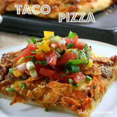 there is a piece of pizza with toppings on it and the words taco pizza above it