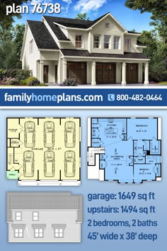 Traditional Style Garage-Living Plan #76738 with 1494 Square Feet, 2 Bedrooms, 2 Bathrooms and a 6 Car Garage Detached Garage Apartment, 6 Car Garage, Bath Seats, Garage Plan, Apartment Plans