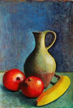 a painting of apples, bananas and a vase on a table with a blue background