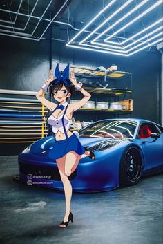 a woman standing next to a blue sports car in a garage with her hands on her hips