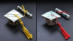 two pictures of graduation caps and tassels made out of rolled up money bills